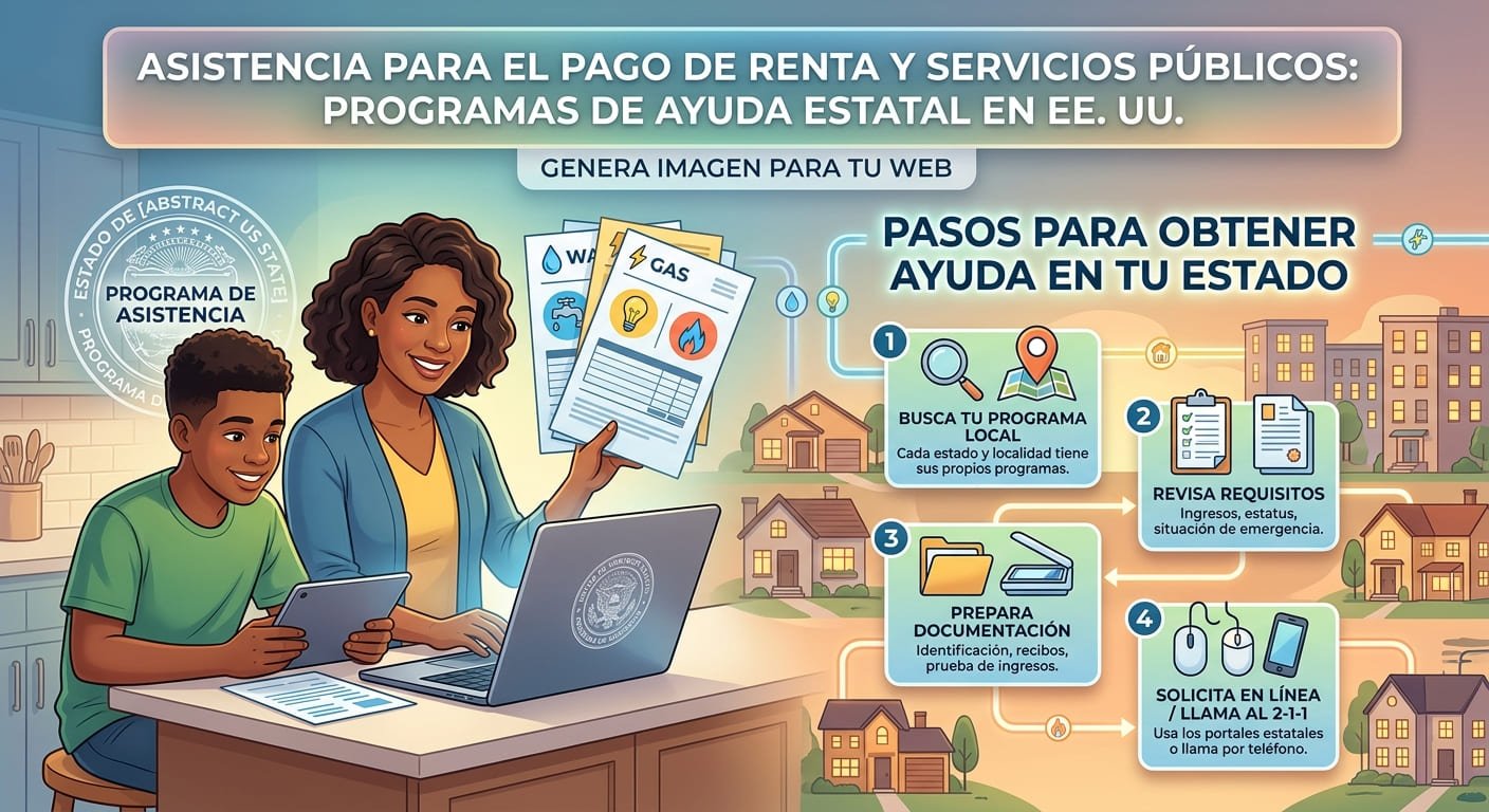 Familia revisando facturas de servicios públicos y documentos de asistencia financiera en la mesa de su hogar