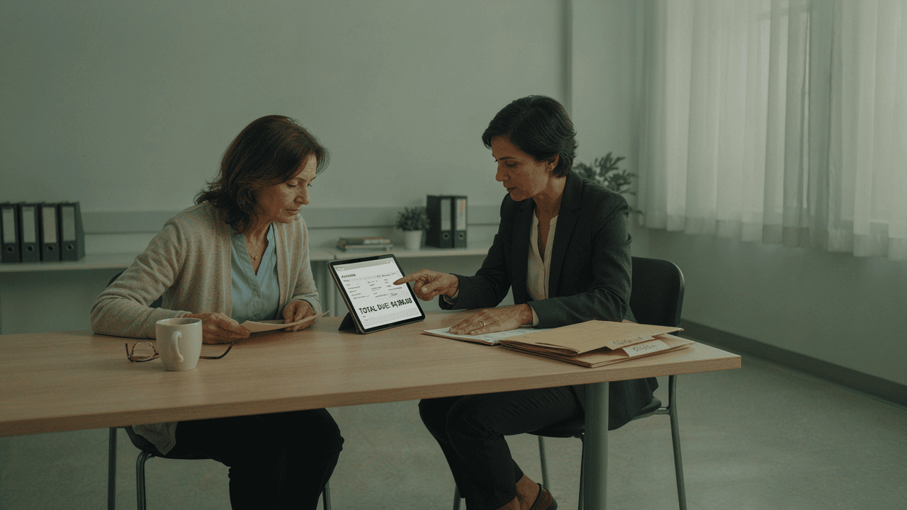 Paciente hablando por teléfono con el departamento de facturación de un hospital para negociar su deuda médica