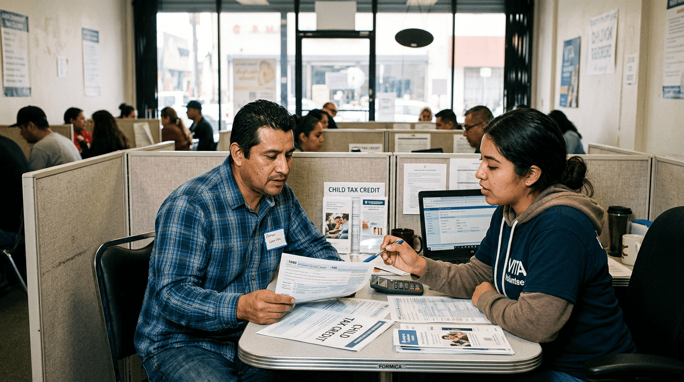 Asesor fiscal revisando el Formulario 1040 y Schedule 8812 con un cliente
