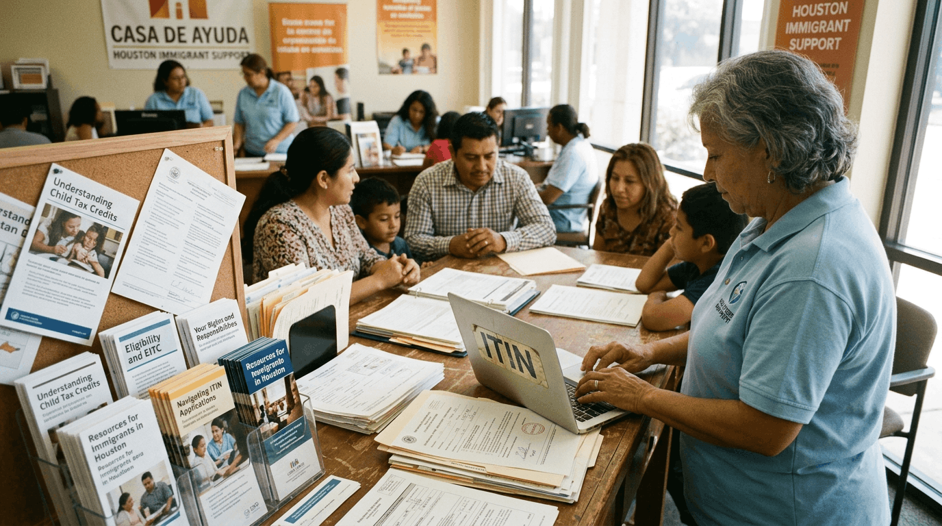 Padres revisando documentos fiscales con sus hijos en la mesa de la cocina