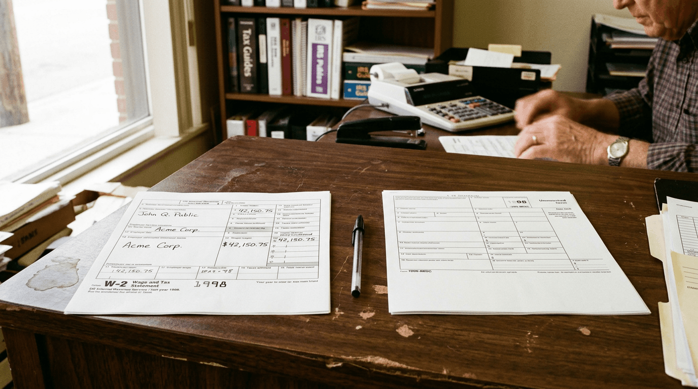 Profesional revisando documentos fiscales y formularios de impuestos en una computadora portátil