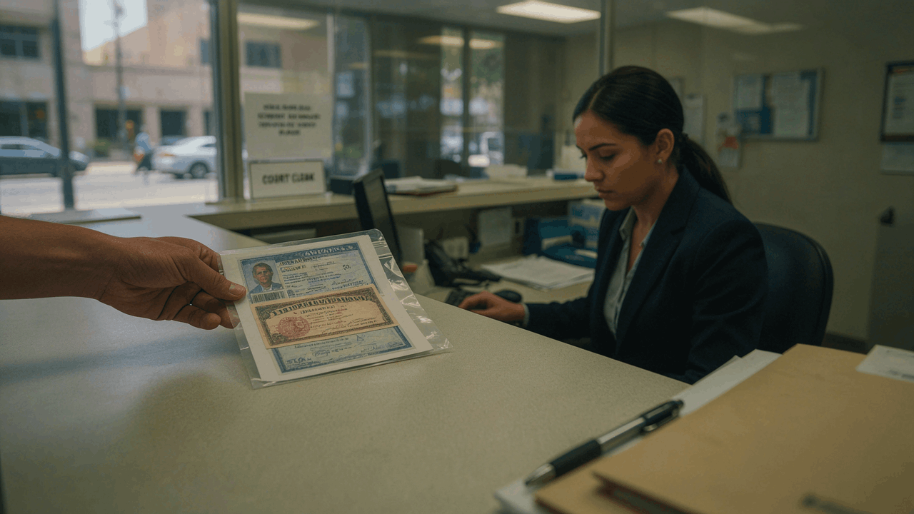 Manos sosteniendo copia certificada de pasaporte con sello oficial junto a documento de identidad y formulario W-7 sobre mesa