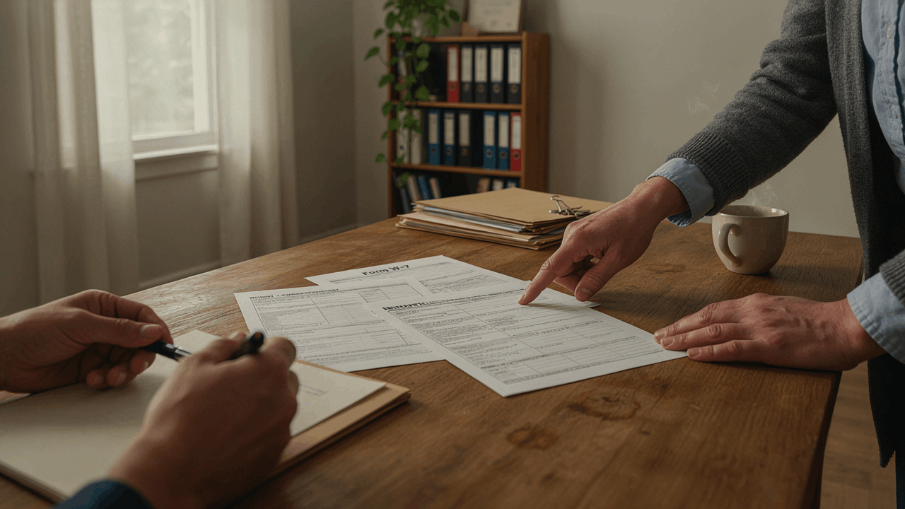 Asesor fiscal revisando documentos y formulario W-7 con cliente para evitar errores
