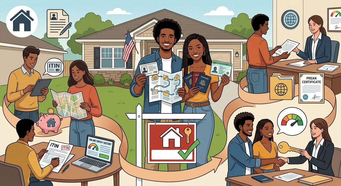 Familia hispana frente a su nueva casa en Estados Unidos