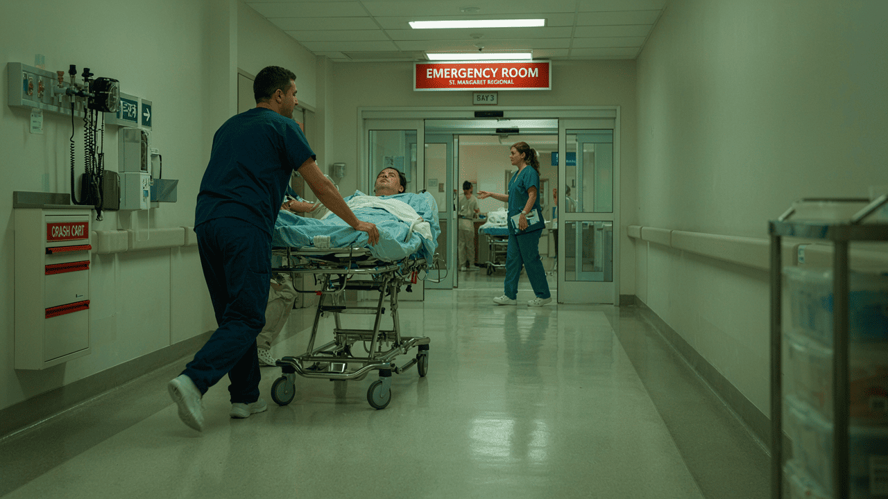 Sala de emergencias de hospital con personal médico atendiendo a un paciente en camilla