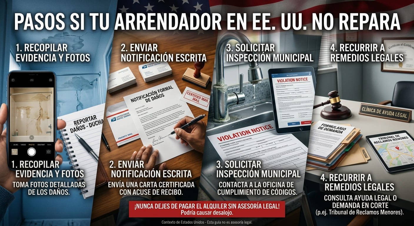 Tubería con fuga de agua en un apartamento, representando la necesidad urgente de reparaciones de mantenimiento por parte del propietario en Estados Unidos