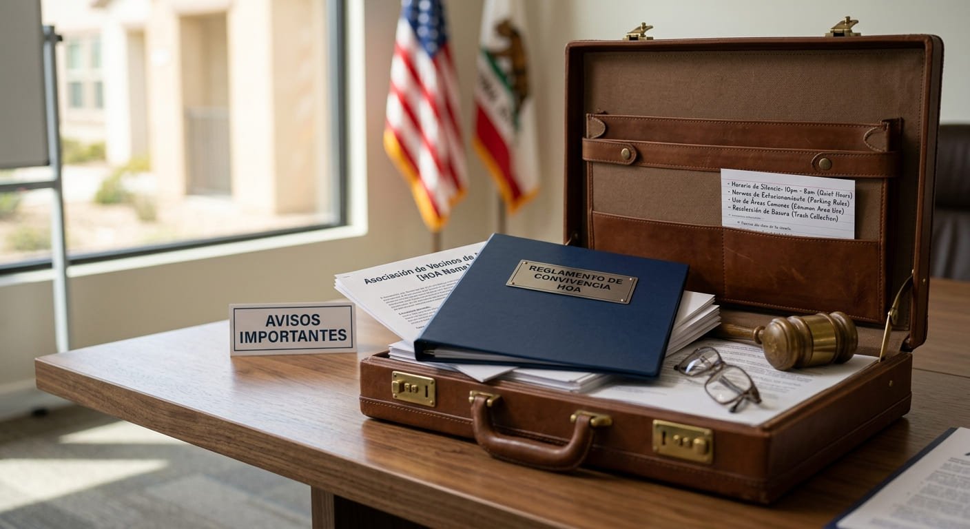 Persona revisando documentos de regulaciones de una asociación de propietarios en una computadora portátil