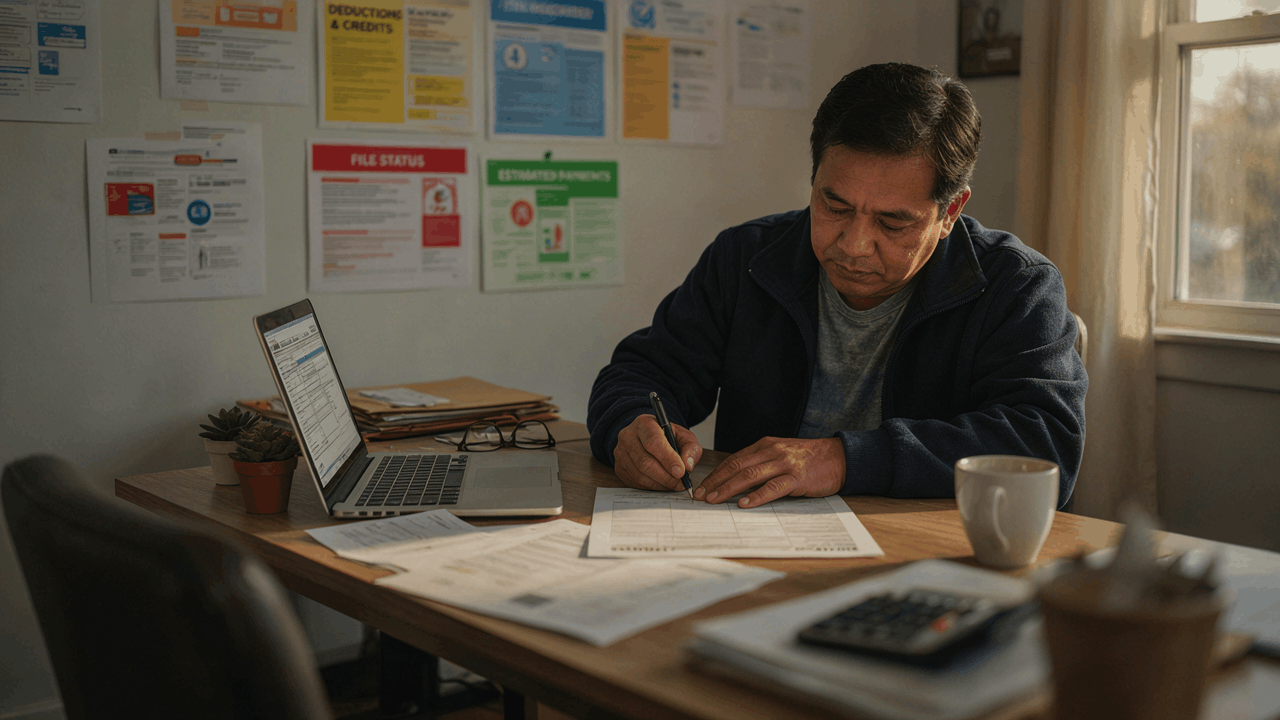 Familia revisando juntos documentos financieros y planificando ahorros en la sala de su casa