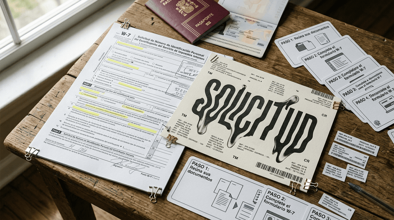 Pasaporte vigente y documento de identidad con fotografía sobre mesa junto a formulario W-7 del IRS para verificar requisitos de identidad