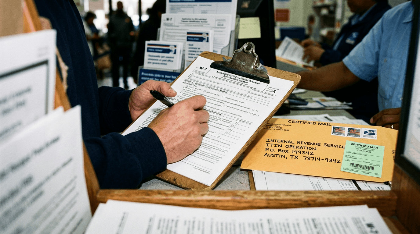 Escritorio con documentos de impuestos, calculadora y formulario del IRS listo para completar