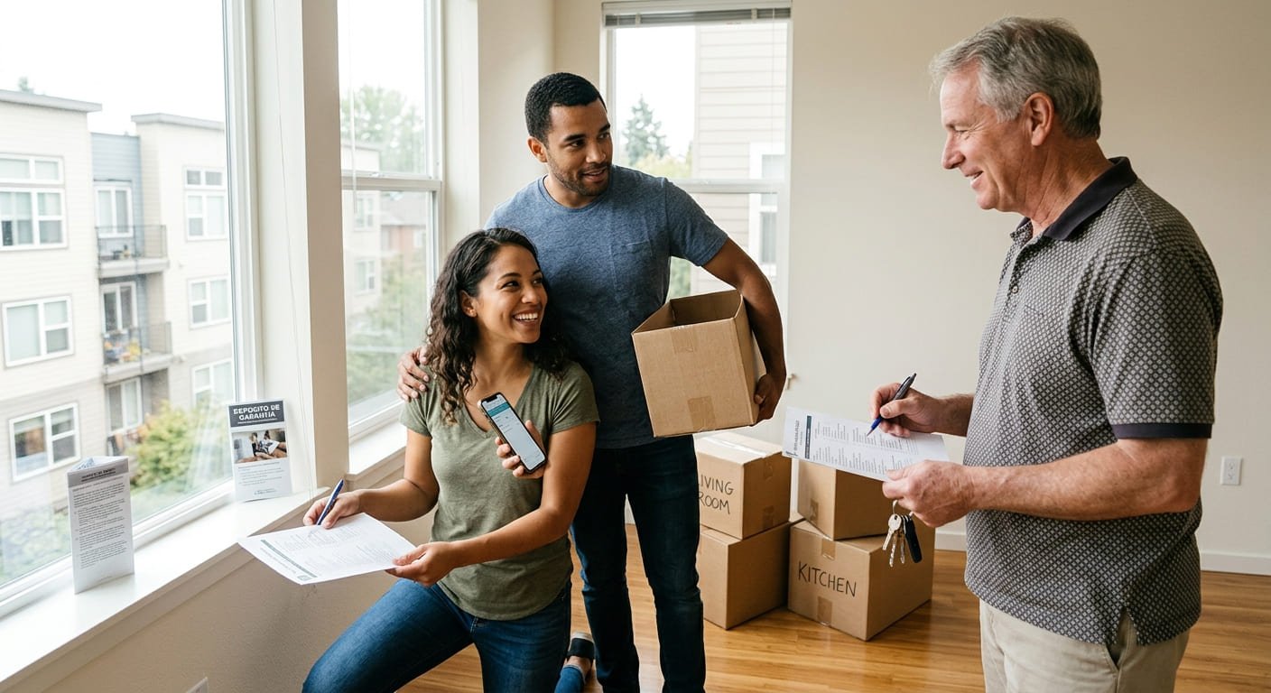 Persona realizando inspección detallada de apartamento con una lista de verificación antes de mudarse